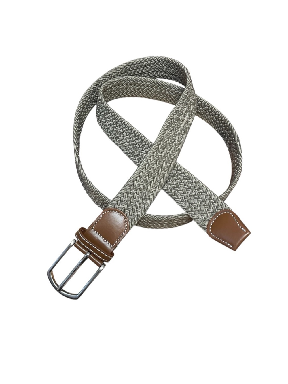 Mens Braided Woven Elastic Canvas Faux Leather Stretch Belt Taupe Size 40 - NWOT